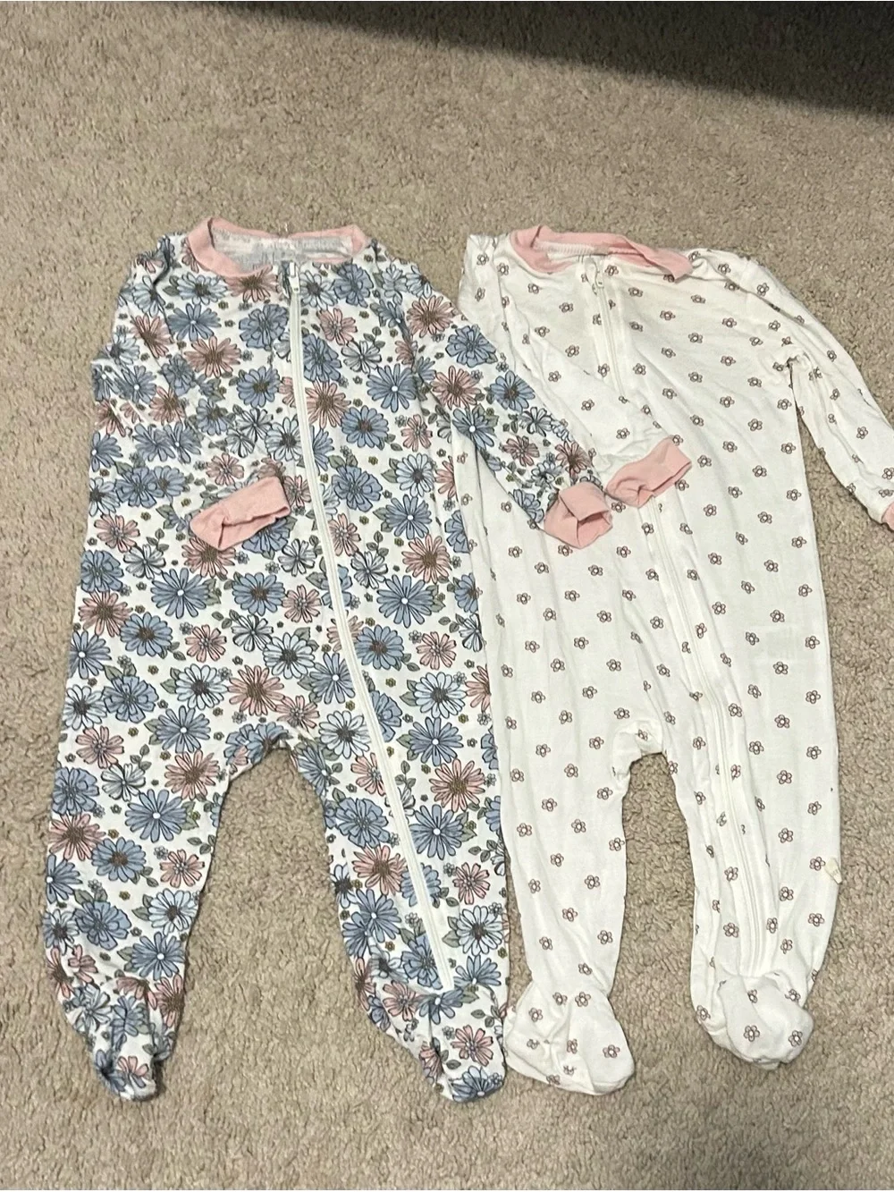 2-Pack Girls Floral & Dot Zip Footed Pajamas with Pink Trim